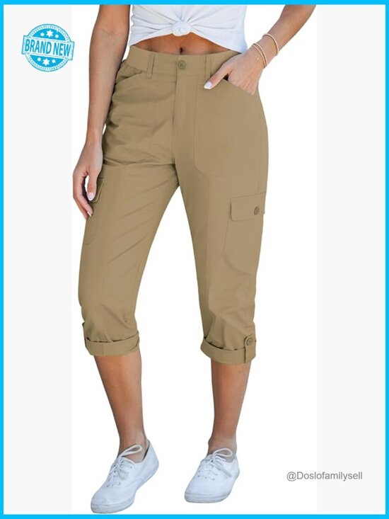 Pants - High Waisted Cargo Capri Pants Relaxed Fit Elastic Waist Casual Cropped Trousers